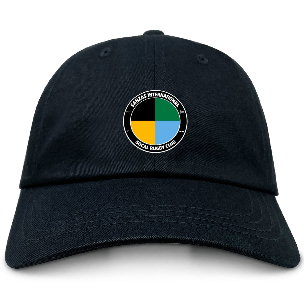 The SOCAL SANZAS RFC Adult Low-Profile Cotton Twill Dad Cap by EMB S&S Activewear is black with a circular patch reading "Santa's International Socal Rugby Club" and features blue, yellow, and black embroidered team branding.