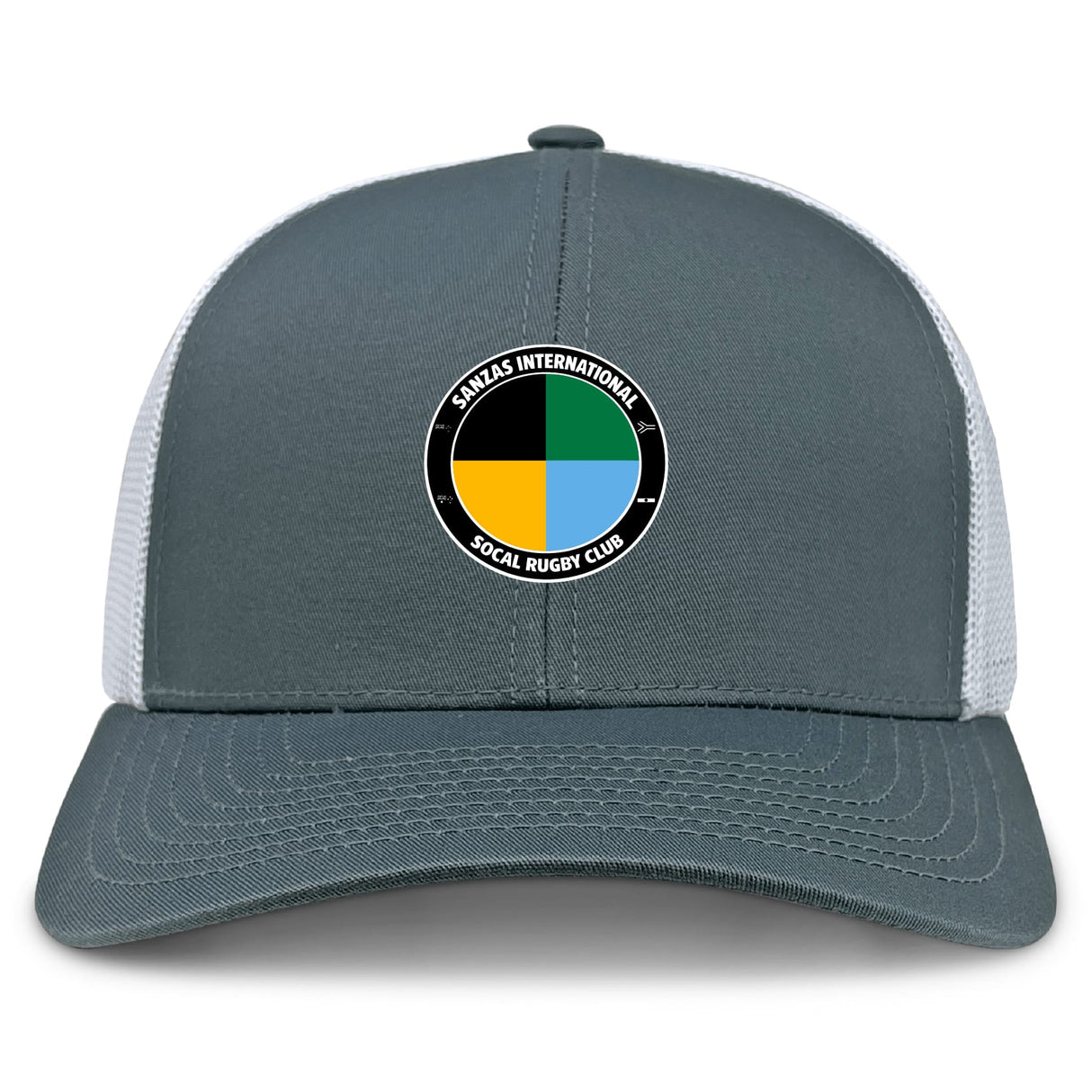The SOCAL SANZAS RFC Retro Trucker Cap by EMB S&S Activewear features a gray and white design, a circular embroidered "Sanlas International SoCal Rugby Club" patch, and an adjustable snapback for a perfect fit.