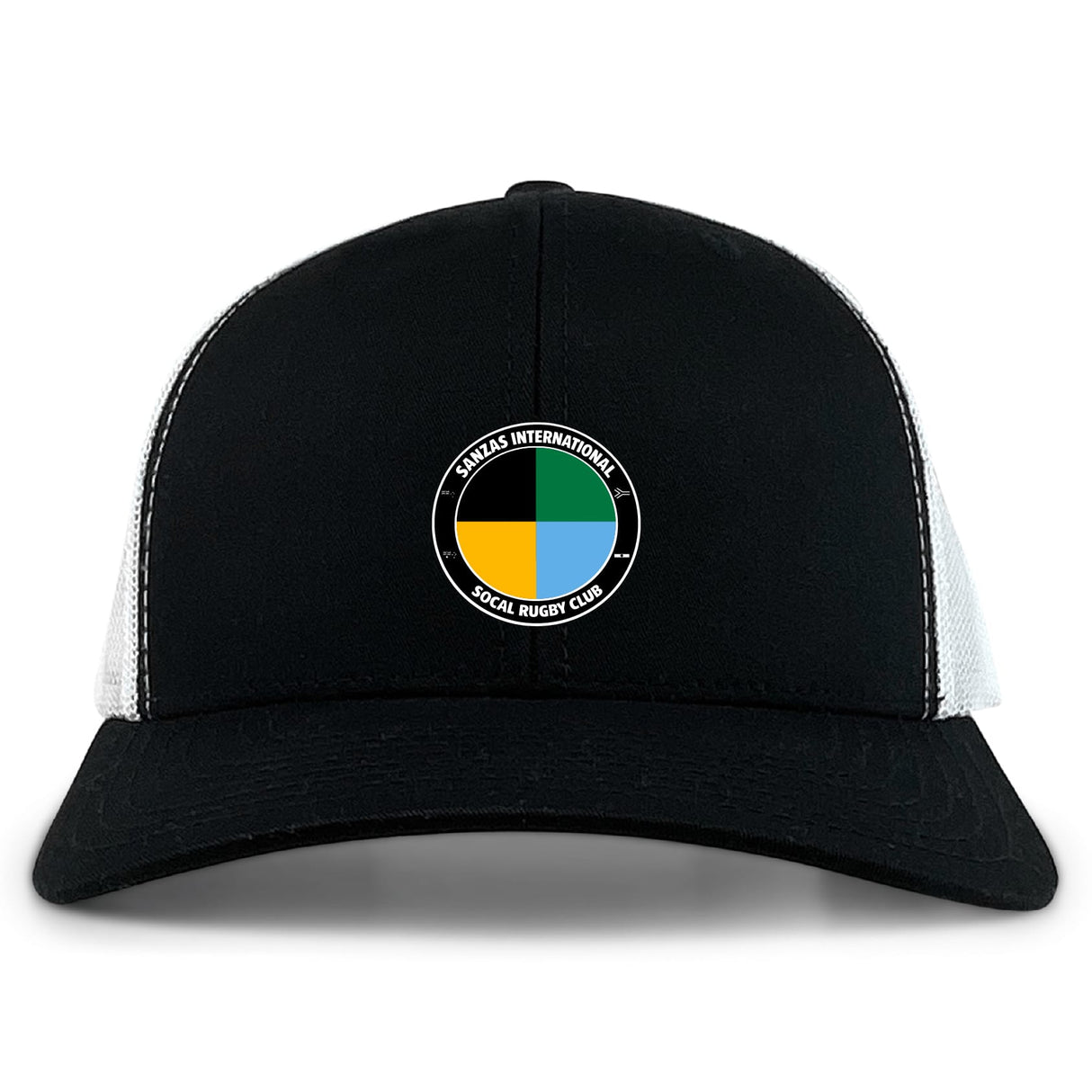 The SOCAL SANZAS RFC Retro Trucker Cap by EMB S&S Activewear is a black and white trucker hat with a circular patch featuring yellow, green, and black embroidery and "Sables International Social Rugby Club." Adjustable snapback closure.