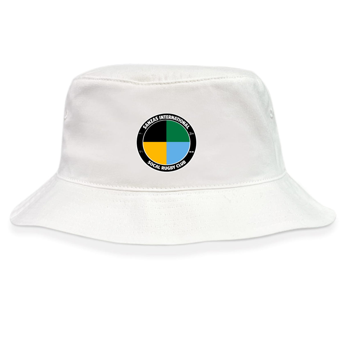 The SOCAL SANZAS RFC Crusher Bucket Cap by EMB S&S Activewear is a white cotton twill hat with a circular SoCal Rugby Club logo in black, yellow, green, and blue on the front, offering stylish sun protection.
