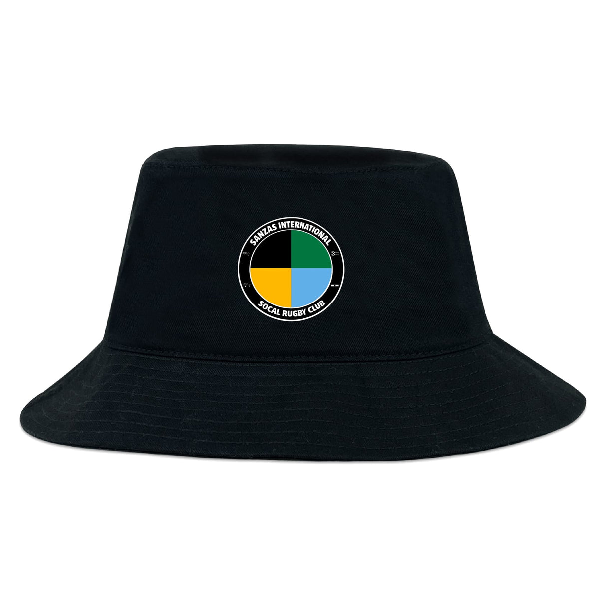 The SOCAL SANZAS RFC Crusher Bucket Cap by EMB S&S Activewear is a cotton twill hat featuring a circular patch with "Skills International Social Rugby Club" text and a segmented yellow, blue, and black design for sun protection.