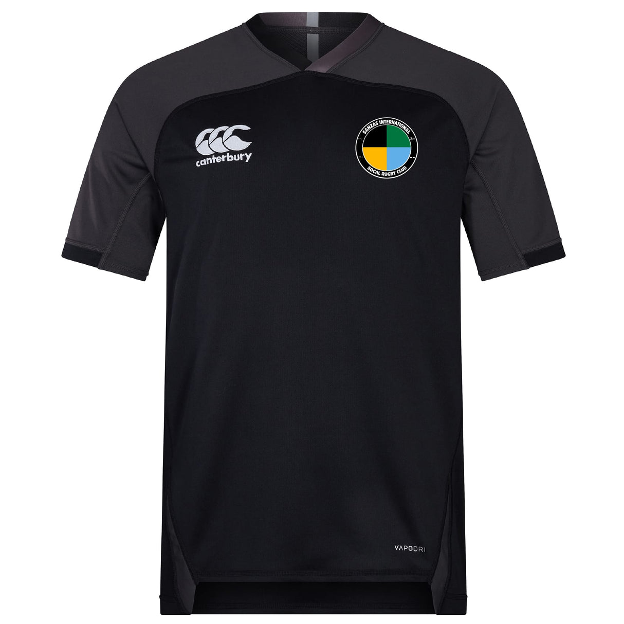 The SOCAL SANZAS RFC Vapodri Evader Jersey by EMB Canterbury is a black, short-sleeve rugby jersey featuring the Canterbury logo on the right chest, a circular multicolor crest on the left, and moisture-wicking Vapodri technology for comfort.