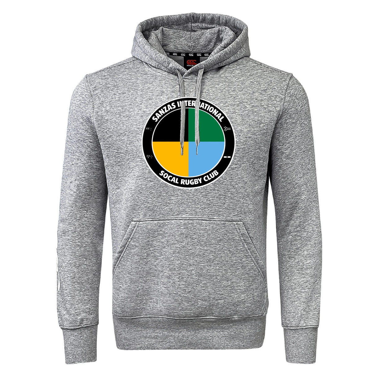 The SOCAL SANZAS RFC Club Hoodie by WRS Canterbury is a heather gray hoodie with the St. Sarilas International SoCal Rugby Club circular logo on the front.