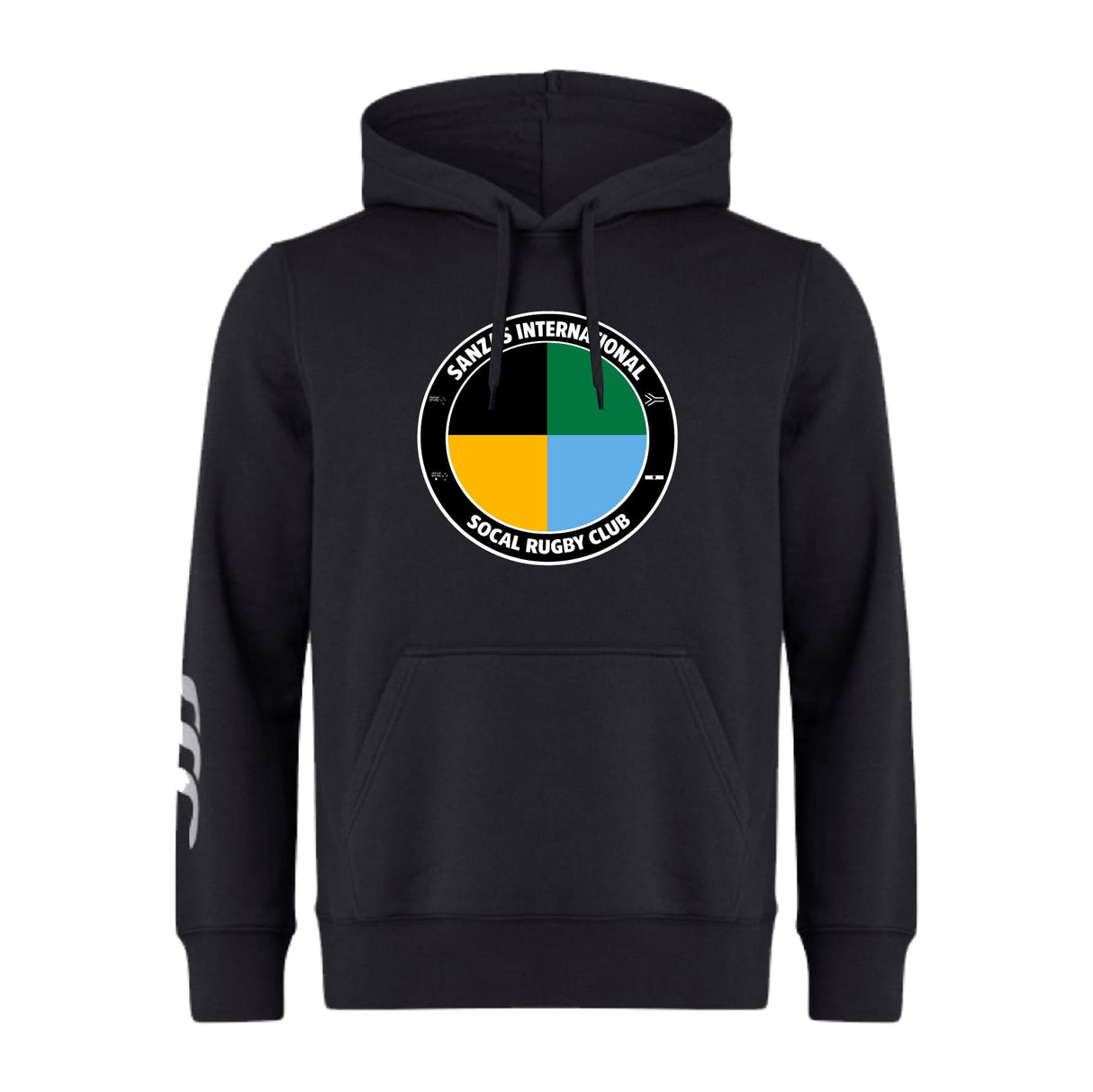 The SOCAL SANZAS RFC Club Hoodie by WRS Canterbury is a black rugby hoodie with a multicolor circular "Saints International Socal Rugby Club" chest logo and a white design on the left sleeve.