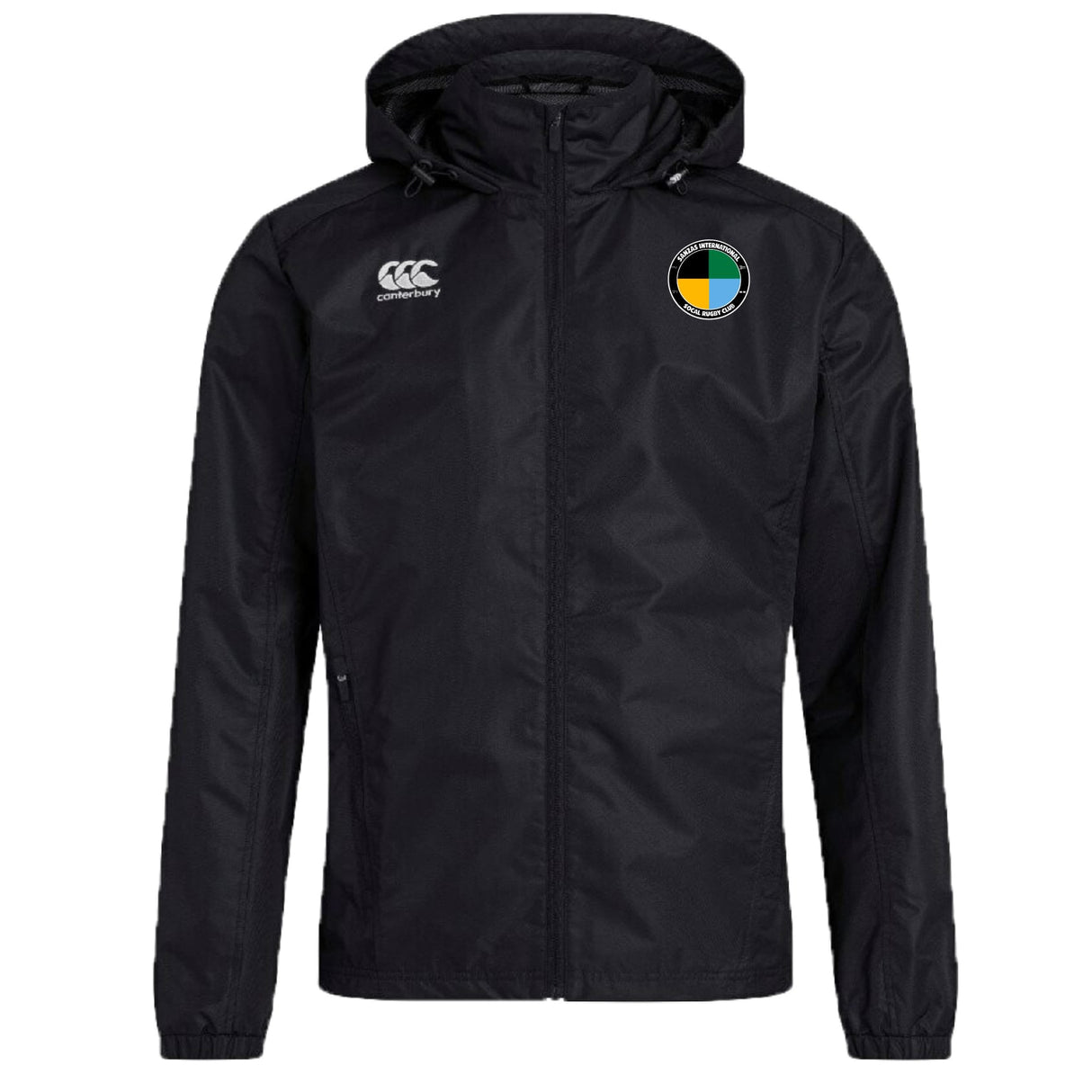 The SOCAL SANZAS RFC Club Vaposhield Full Zip Rain Jacket by EMB Canterbury features a black hood, front zipper, water-resistant VapoShield tech, white Canterbury logo on the right chest, and a circular multicolored emblem on the left.