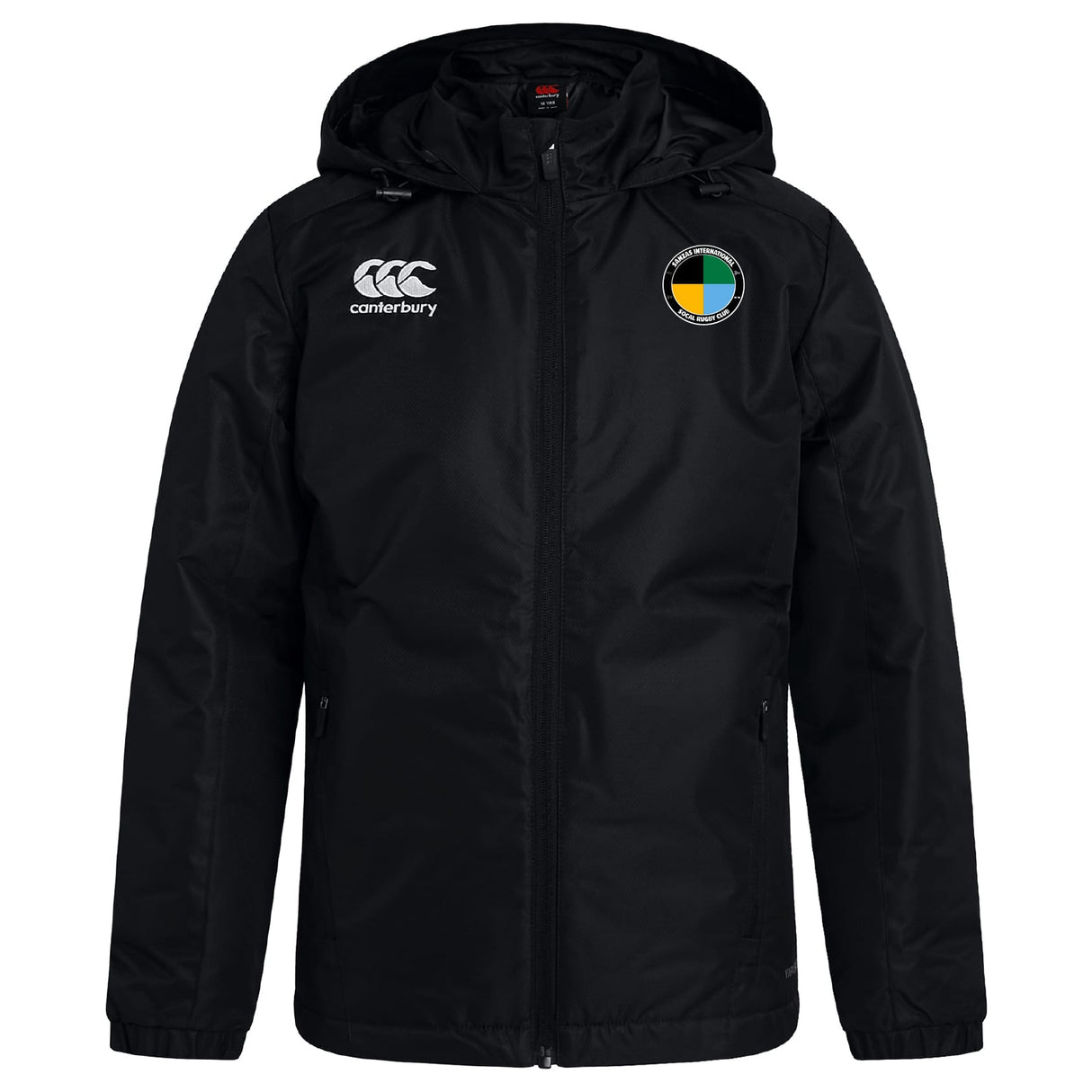 The SOCAL SANZAS RFC Club Vaposhield Stadium Jacket by EMB Canterbury is a black, water-repellent, hooded jacket with zip front, padded insulation, white Canterbury logo on the chest, and round multicolored club emblem—ideal for rugby fans.