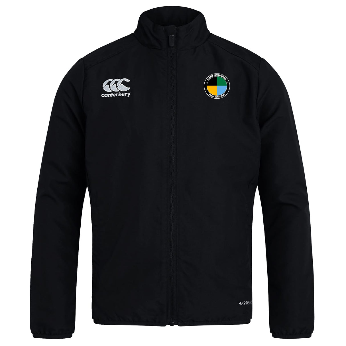SOCAL SANZAS RFC Club Track Jacket by EMB Canterbury features a zip front, white Canterbury logo on the right chest, multicolor crest on the left chest, and is lightweight and water repellent for comfort.
