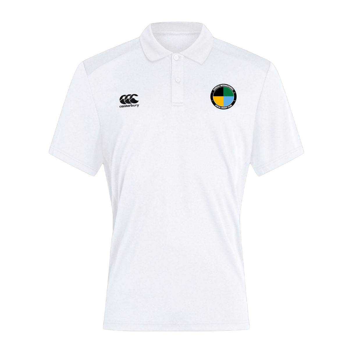 The SOCAL SANZAS RFC Club Dry Polo by Canterbury is a plain white polo featuring Vapodri Technology, with a black EMB Canterbury logo on the right chest and a circular green, yellow, and blue badge on the left chest.