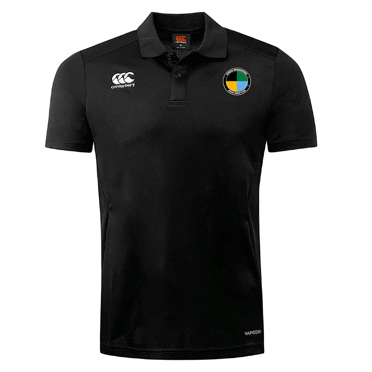 The SOCAL SANZAS RFC Club Dry Polo by EMB Canterbury is a black, short-sleeve collared shirt with white Canterbury logos and a blue, yellow, and green circular patch on the left chest. Features Vapodri Technology for breathable comfort.