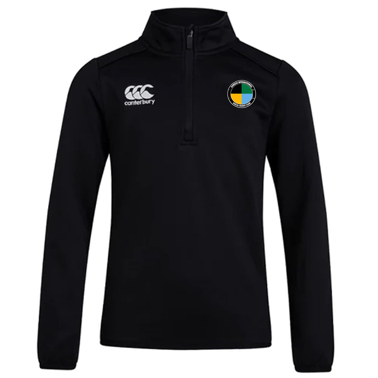 The SOCAL SANZAS RFC Club 1/4 Zip Mid Layer Training Top by EMB Canterbury is a black long-sleeve rugby top with a Canterbury logo on the right chest and a circular multicolored badge on the left.