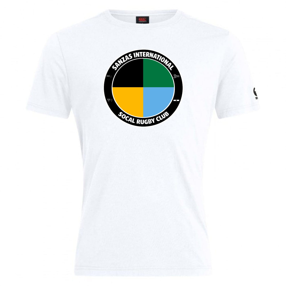 The SOCAL SANZAS RFC Club Plain Tee by WRS Canterbury features the S.A.N.L.A.S International SoCal Rugby Club logo with a black, yellow, blue, and green quartered circle on the chest. Made from a premium cotton blend for comfort and durability.