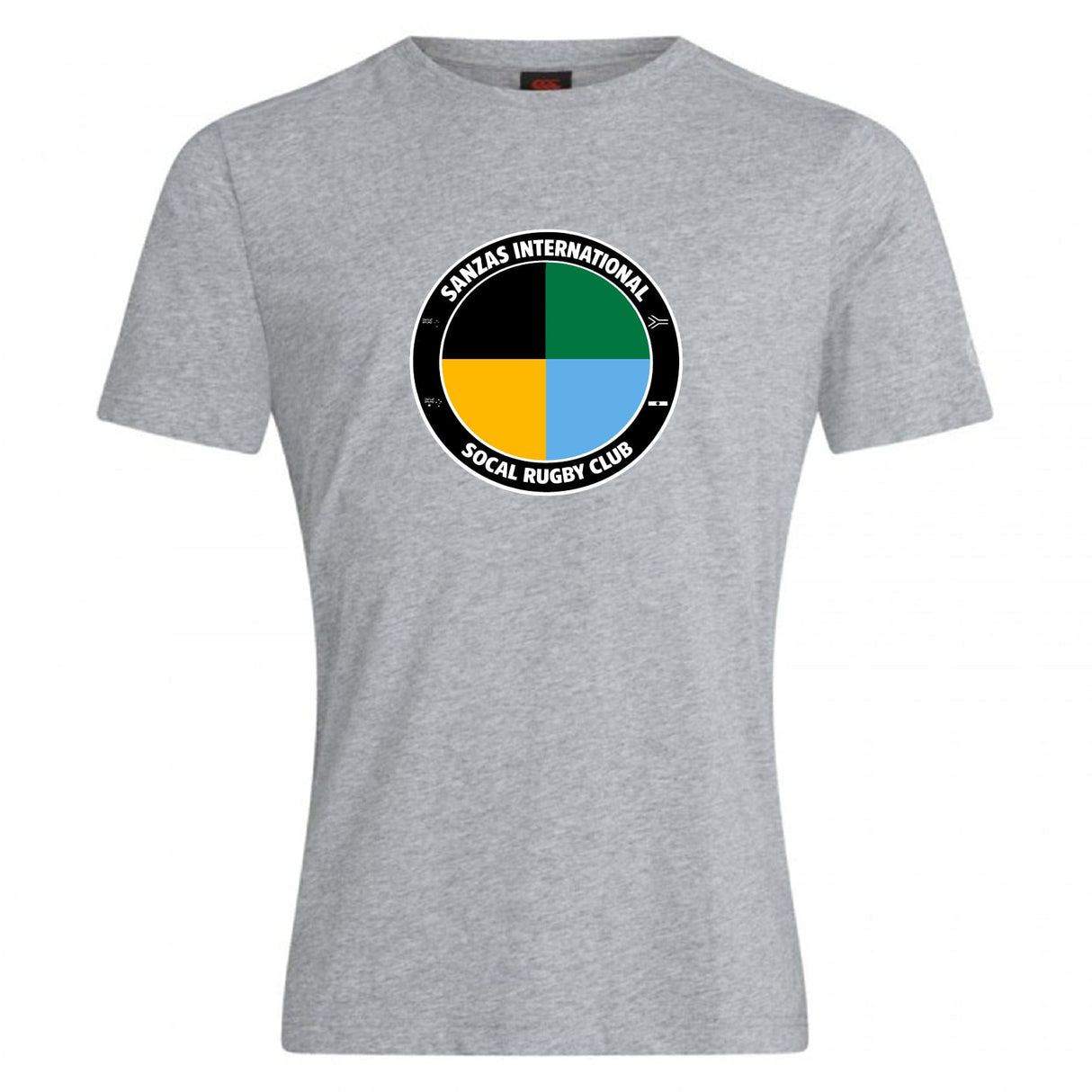 The SOCAL SANZAS RFC Club Plain Tee by WRS Canterbury is a gray premium cotton-blend T-shirt with a circular four-color logo and "Santa's International SoCal Rugby Club" text around the edge, ensuring comfort and style.