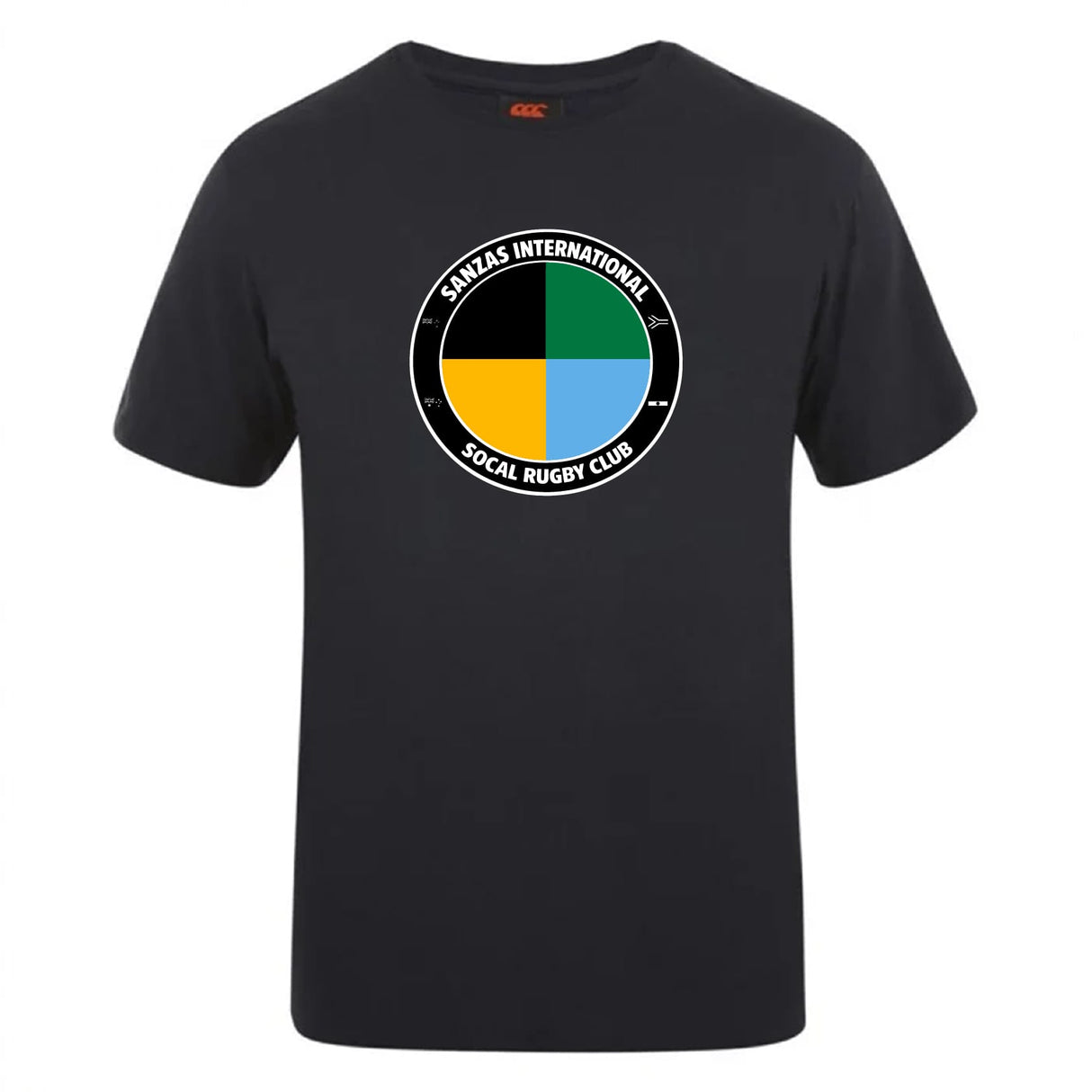 The SOCAL SANZAS RFC Club Plain Tee by WRS Canterbury is a black premium cotton blend t-shirt with a circular four-color "Sanitas International SoCal Rugby Club" logo, offering comfort and club pride in a customizable CCC classic.