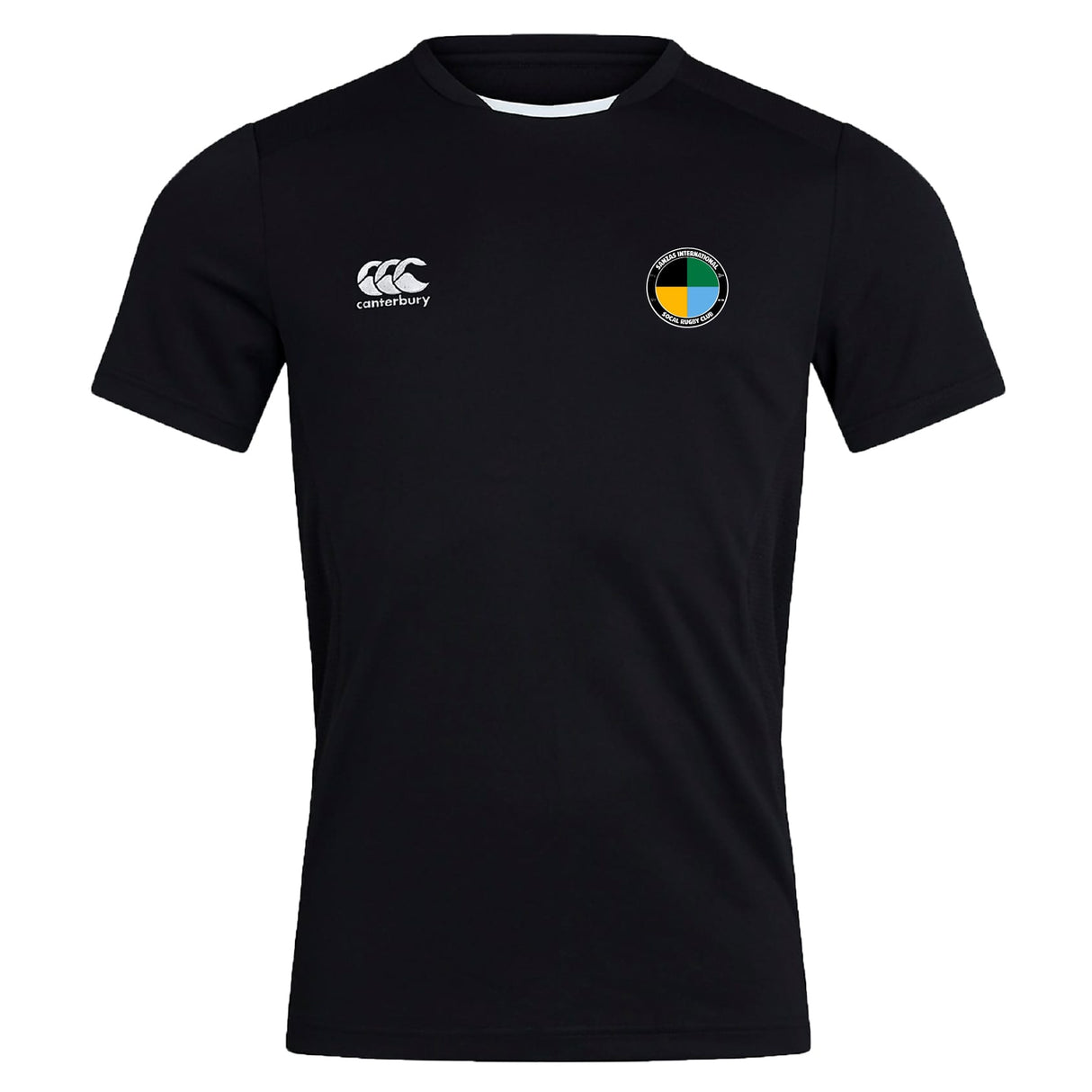 The EMB Canterbury SOCAL SANZAS RFC Club Dry Tee is a black short-sleeve top with a white Canterbury logo on the right chest, a multicolored circular emblem on the left, and Vapodri Technology for superior comfort during workouts.