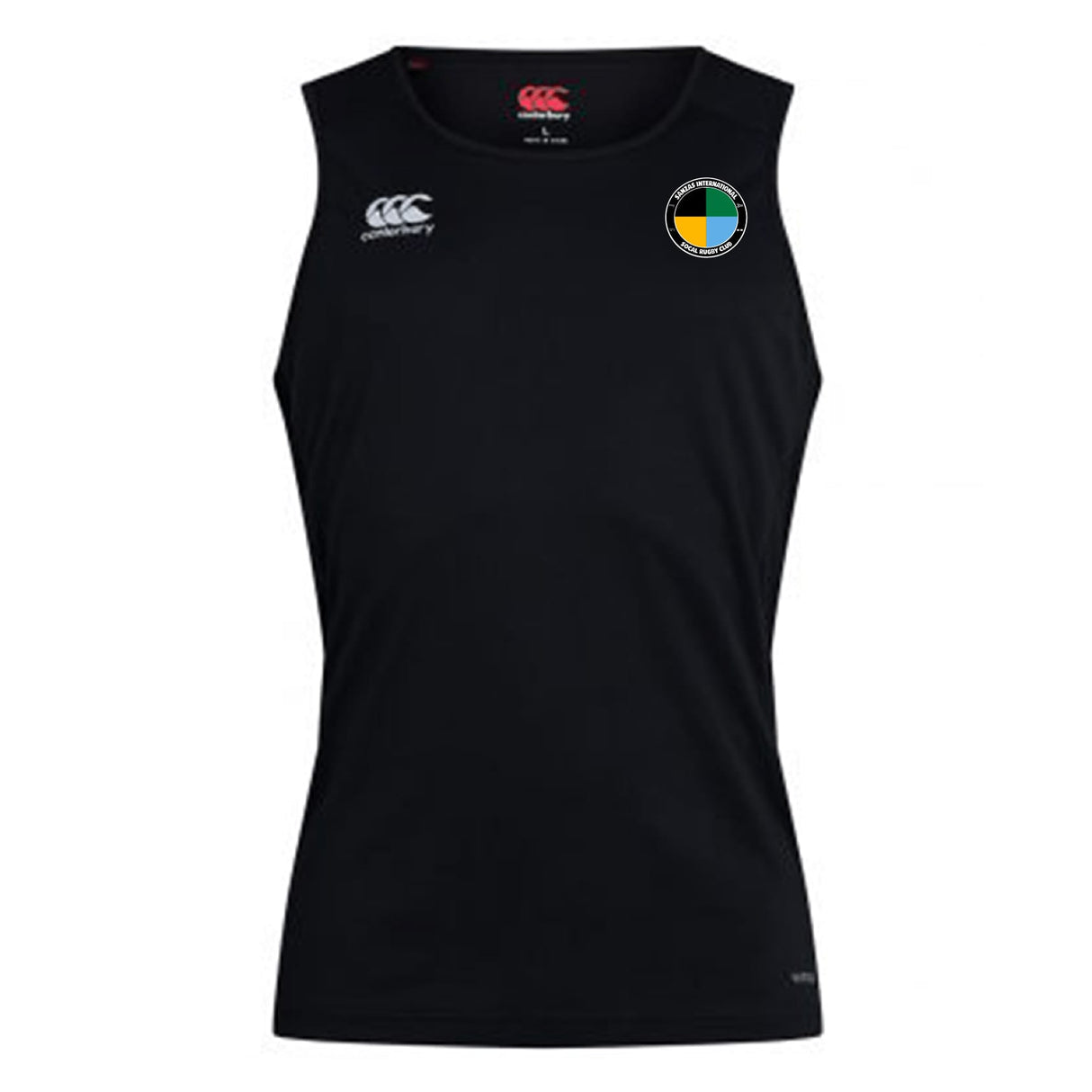 The SOCAL SANZAS RFC Club Dry Singlet by EMB Canterbury features a sleeveless black design, white Canterbury logo on the right chest, blue/yellow/green circular badge on the left chest, and advanced Vapodri Technology for top performance.