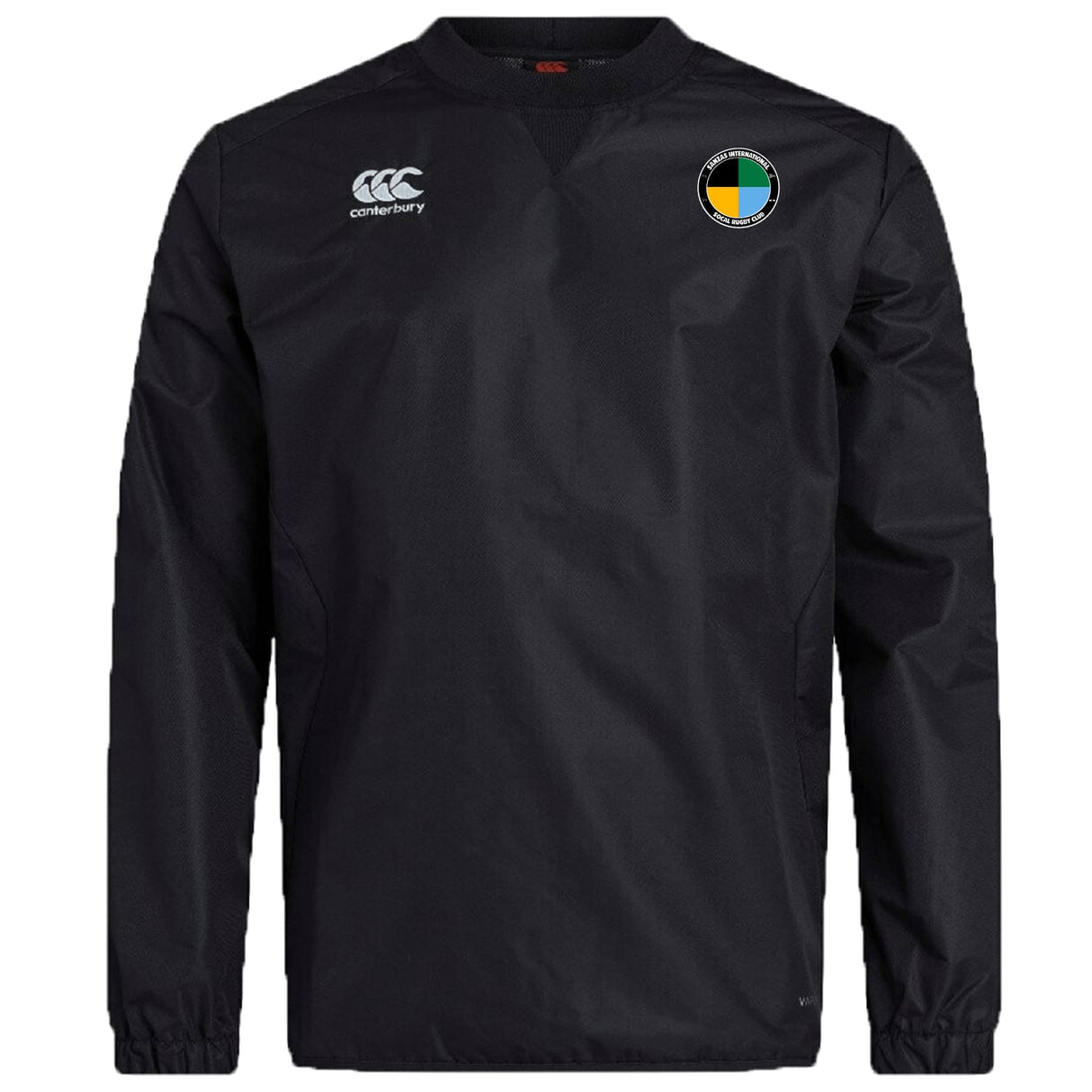The SOCAL SANZAS RFC Club Vaposhield Contact Top by EMB Canterbury is a black long-sleeve rugby top with the Canterbury logo on the right chest, a green and yellow crest on the left, and water-repellent Vaposhield tech.