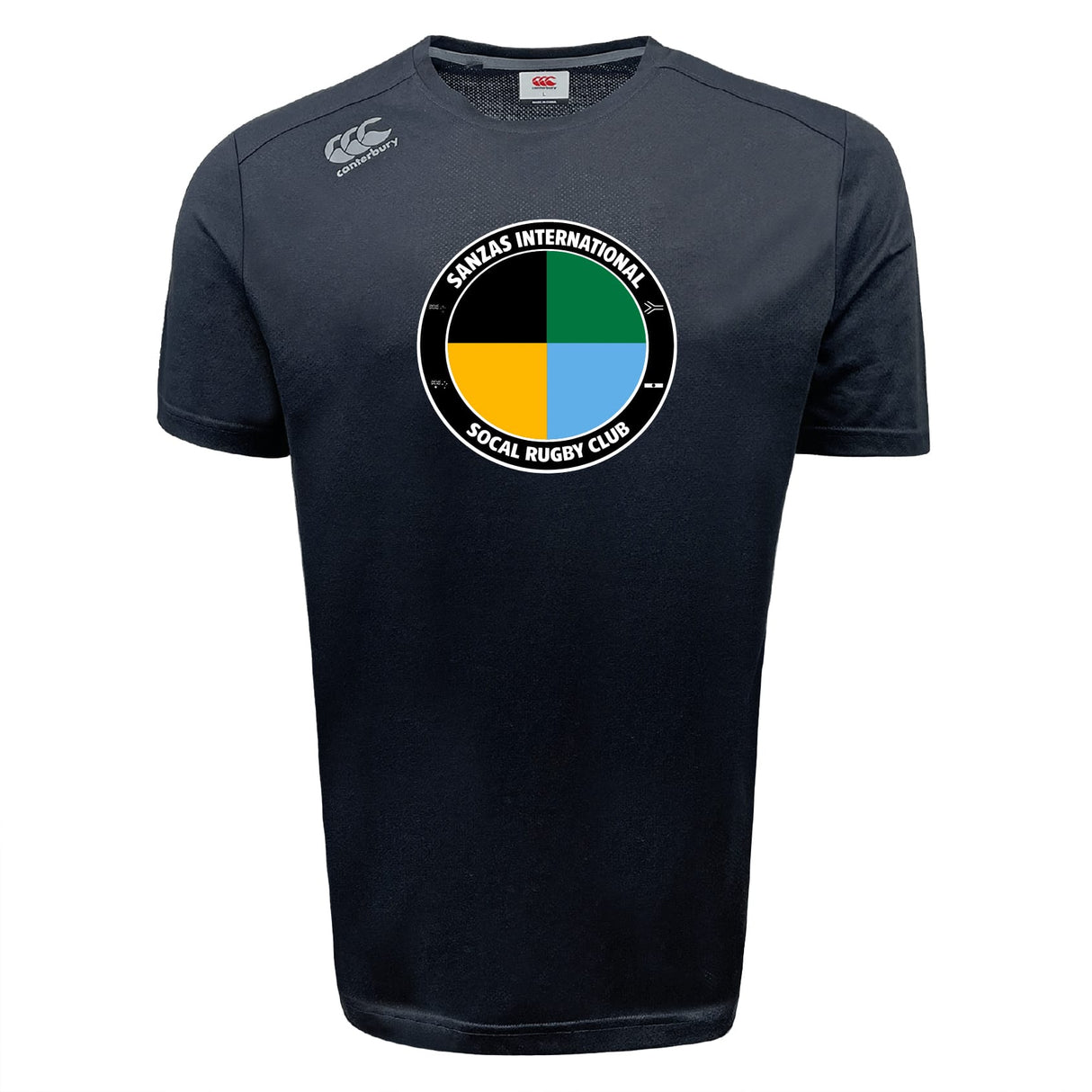 The SOCAL SANZAS RFC Tempo Vapodri T-Shirt by WRS Canterbury is a black short-sleeve athletic shirt with a round logo reading “SANZIS INTERNATIONAL SOCAL RUGBY CLUB” and multicolor quadrants—perfect for rugby fans.