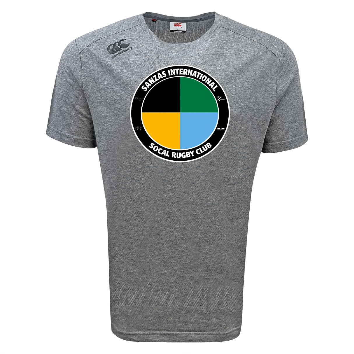 The SOCAL SANZAS RFC Tempo Vapodri T-Shirt by WRS Canterbury is a gray, short-sleeve performance shirt featuring the “Sanlas International SoCal Rugby Club” logo with colorful quadrants, perfect as a moisture-wicking sports tee.