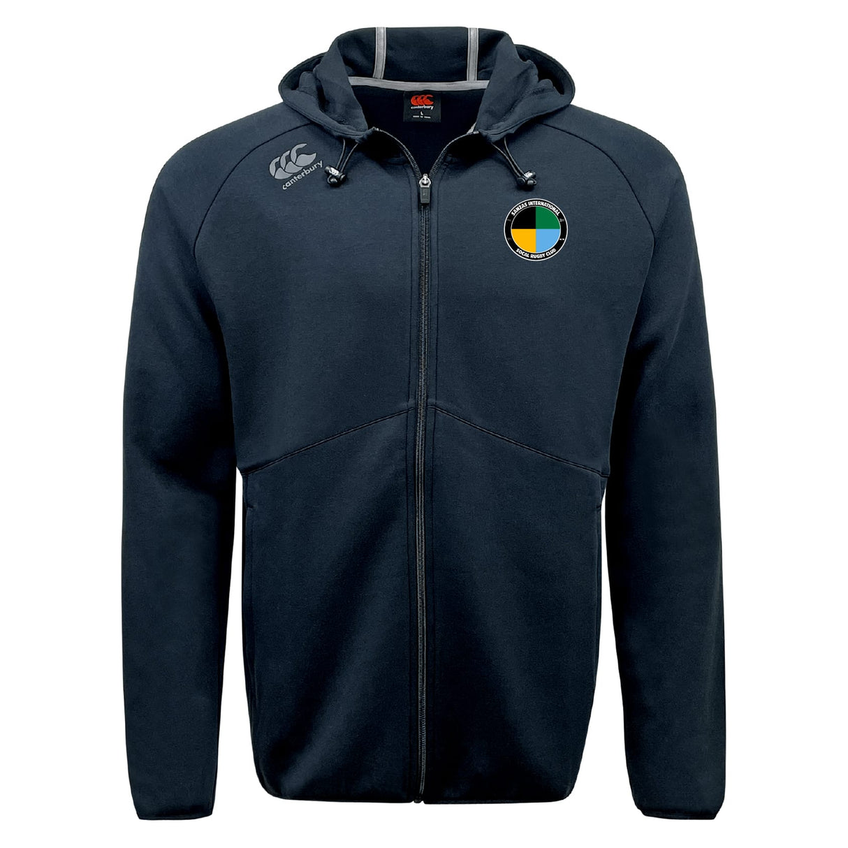 The SOCAL SANZAS RFC Tempo Vapodri Full-Zip Hoodie by EMB Canterbury is a black hoodie with a hood, drawstrings, and two logos. Its moisture-wicking fabric ensures all-day comfort.