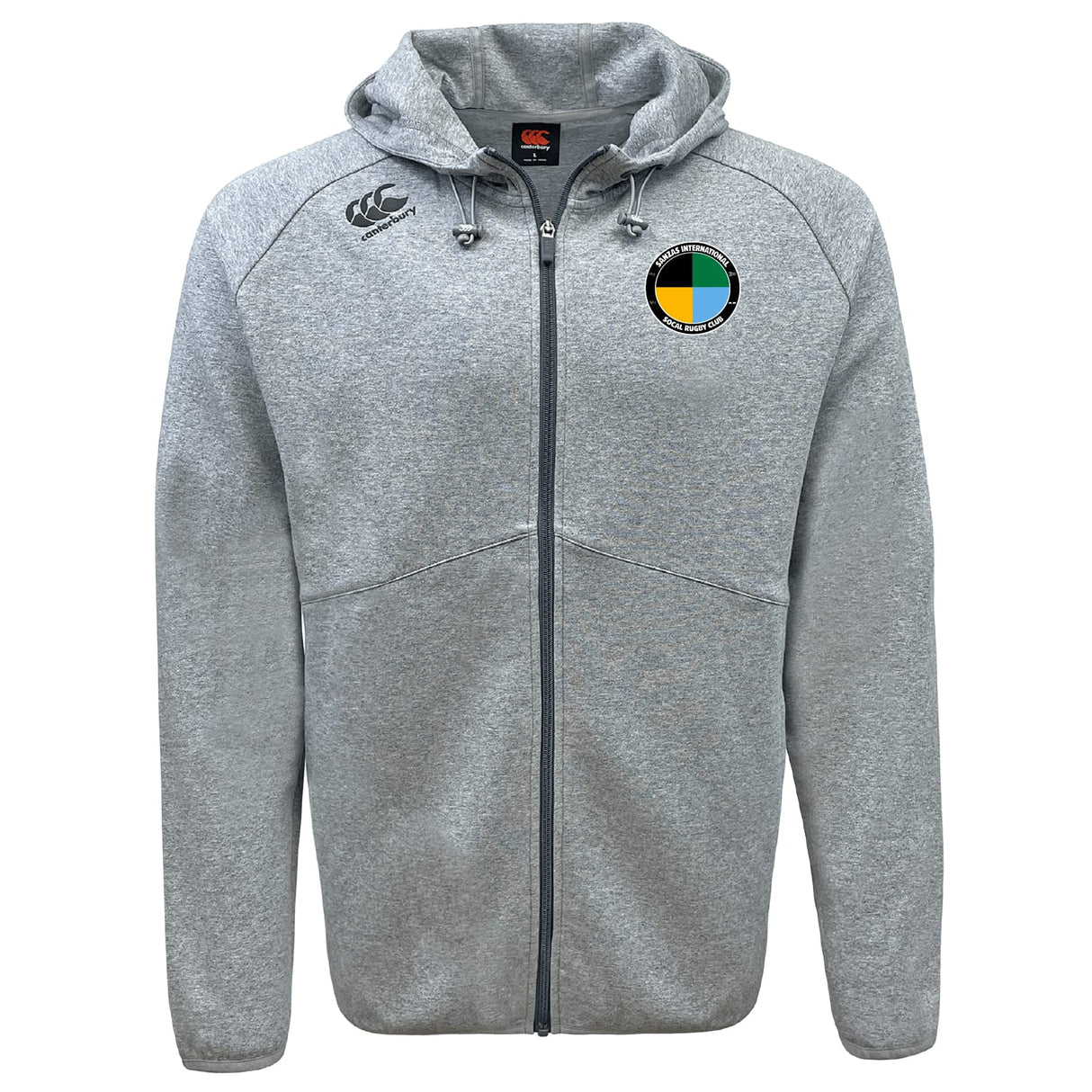 The SOCAL SANZAS RFC Tempo Vapodri Full-Zip Hoodie by EMB Canterbury is a light gray hoodie featuring a hood, drawstrings, and two embroidered chest logos. Its Vapodri fabric keeps you dry and comfortable all day.