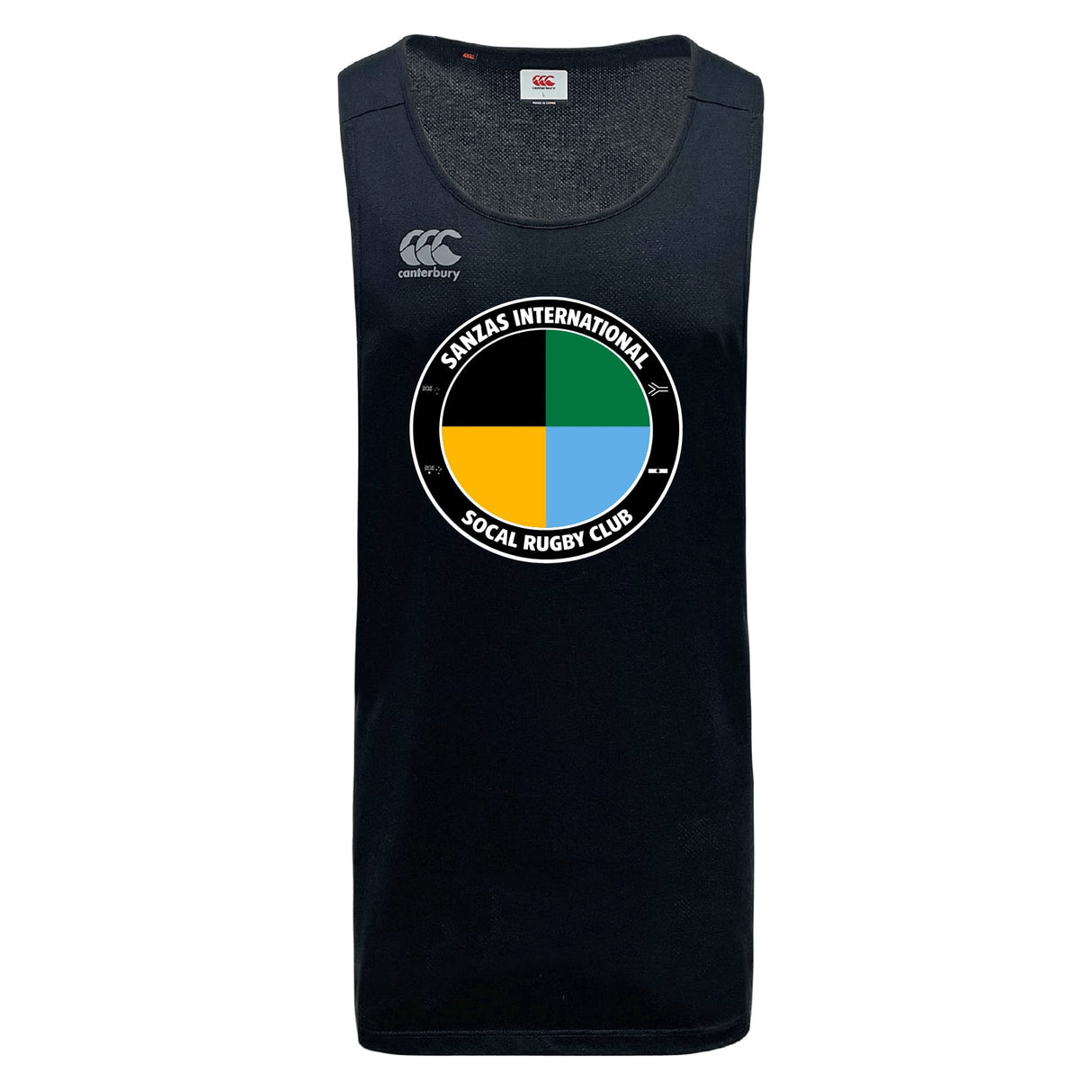The WRS Canterbury SOCAL SANZAS RFC Tempo Vapodri Singlet is a black, sleeveless rugby jersey made with recycled polyester and VapoDri technology, featuring the Sanitas International SoCal Rugby Club's multicolor logo on the chest.