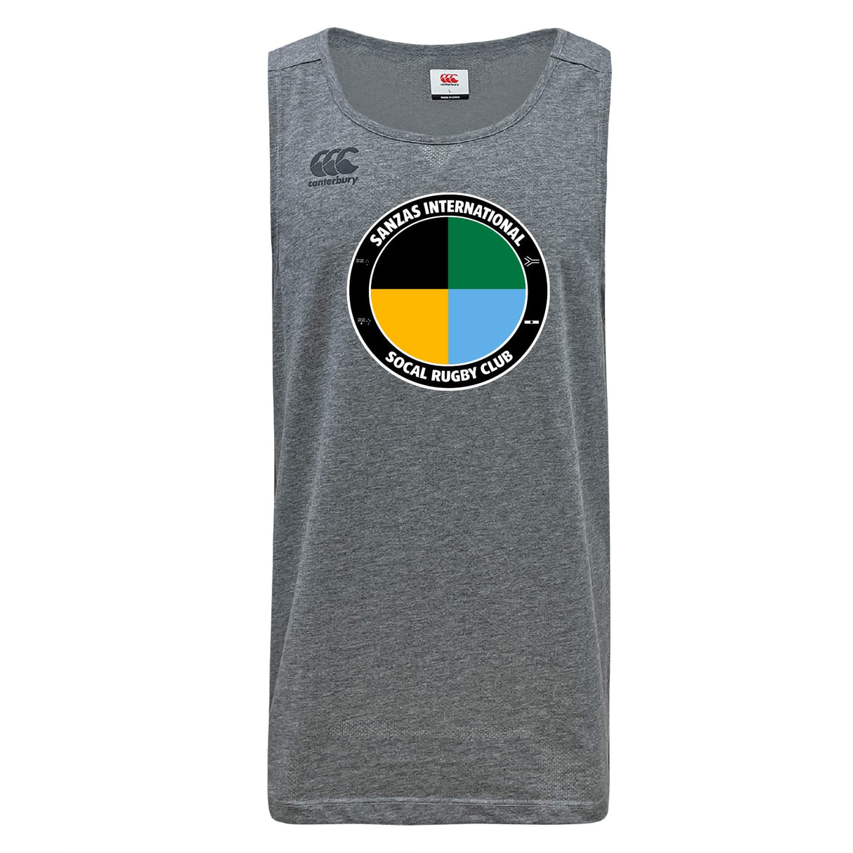 The SOCAL SANZAS RFC Tempo Vapodri Singlet by WRS Canterbury is a gray, recycled polyester, sleeveless rugby jersey featuring a circular club logo with four colored quadrants on the chest, modeled after the classic CCC Tempo Singlet.