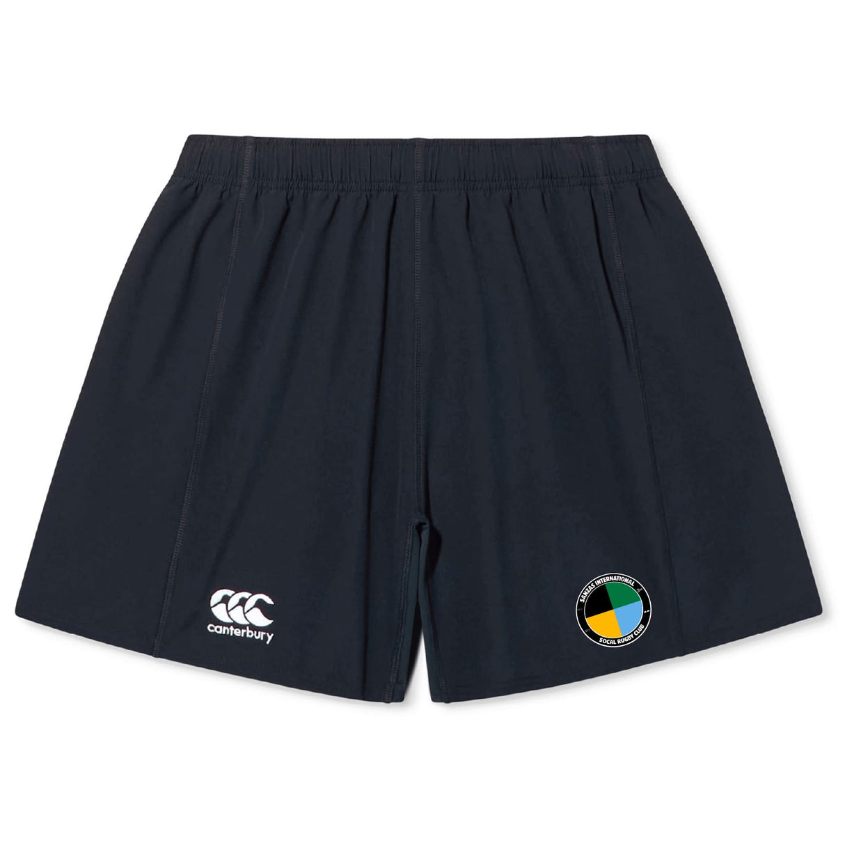 The SOCAL SANZAS RFC Yokohama Short by EMB Canterbury features a navy blue design, elastic waistband, Canterbury logo on the left leg, and a circular multicolored patch on the right, inspired by the classic Yokohama style.