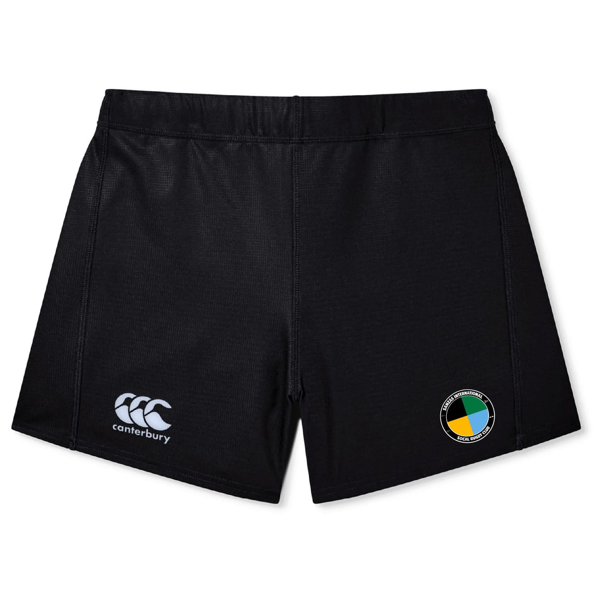 The SOCAL SANZAS RFC Women's Yokohama Short by EMB Canterbury features the iconic logo on the left leg and a green, yellow, and black patch on the right—ideal for women's rugby or athletic performance.