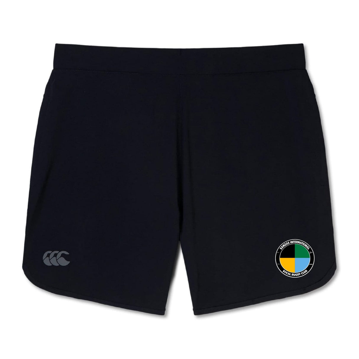 The SOCAL SANZAS RFC Women's Elite Woven Short by EMB Canterbury features zippered pockets, a circular four-color patch on one leg, and the Canterbury logo on the other—perfect for comfortable, stylish women's training.
