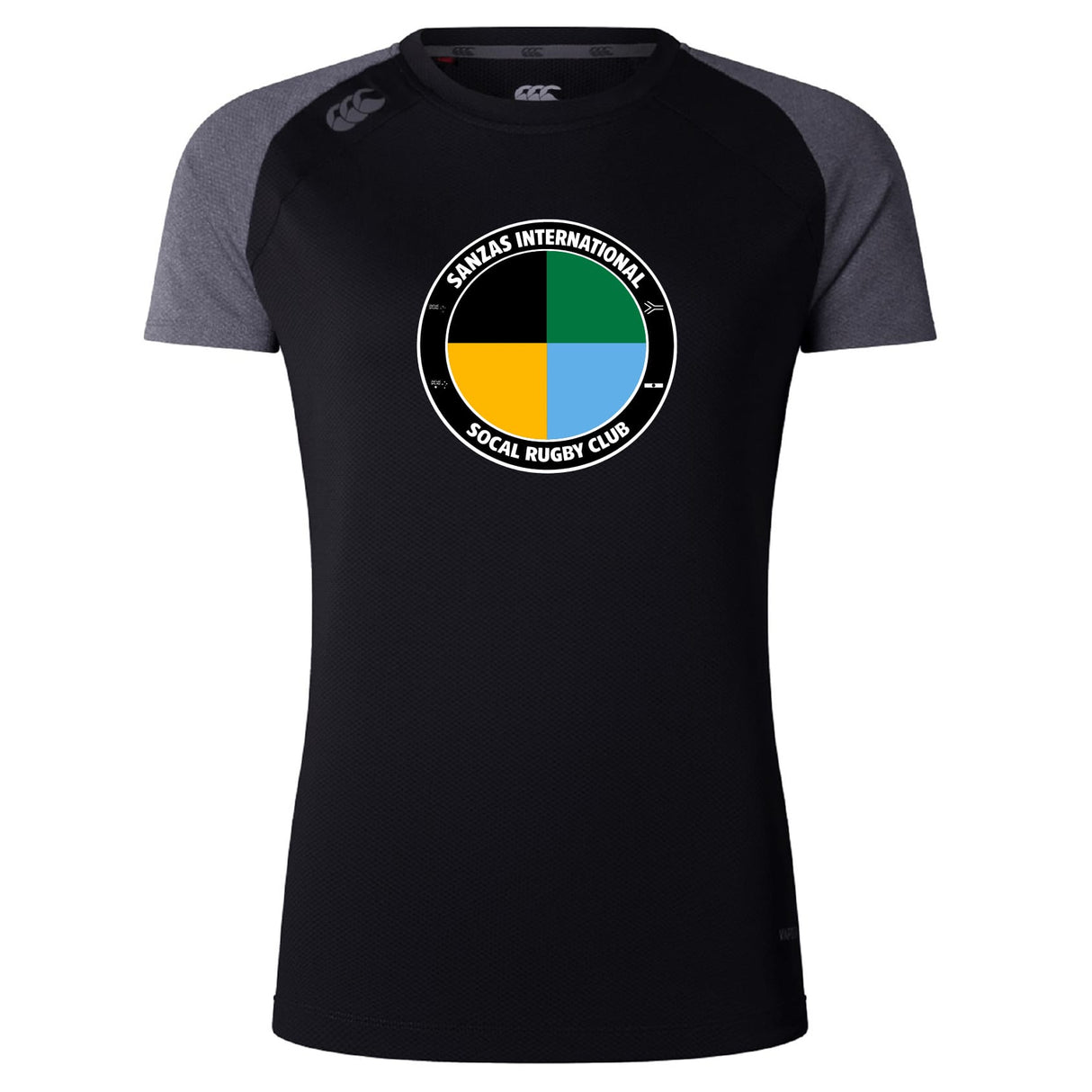 The SOCAL SANZAS RFC Women's Elite Training Tee by WRS Canterbury is a black and dark gray moisture-wicking shirt with the club logo on the chest, designed for lightweight comfort during intense workouts.