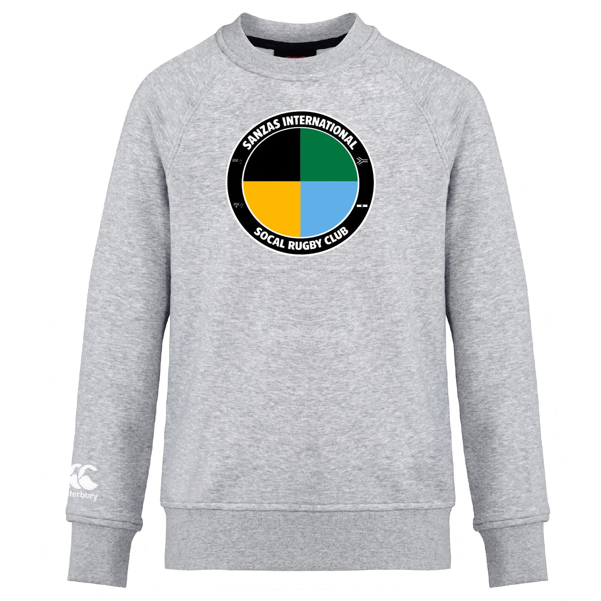 The SOCAL SANZAS RFC Club Crew Sweatshirt by WRS Canterbury is light gray with a circular chest logo, embroidered CCC on the left sleeve, and made from ultra-soft sweatshirt fabric for all-day comfort.