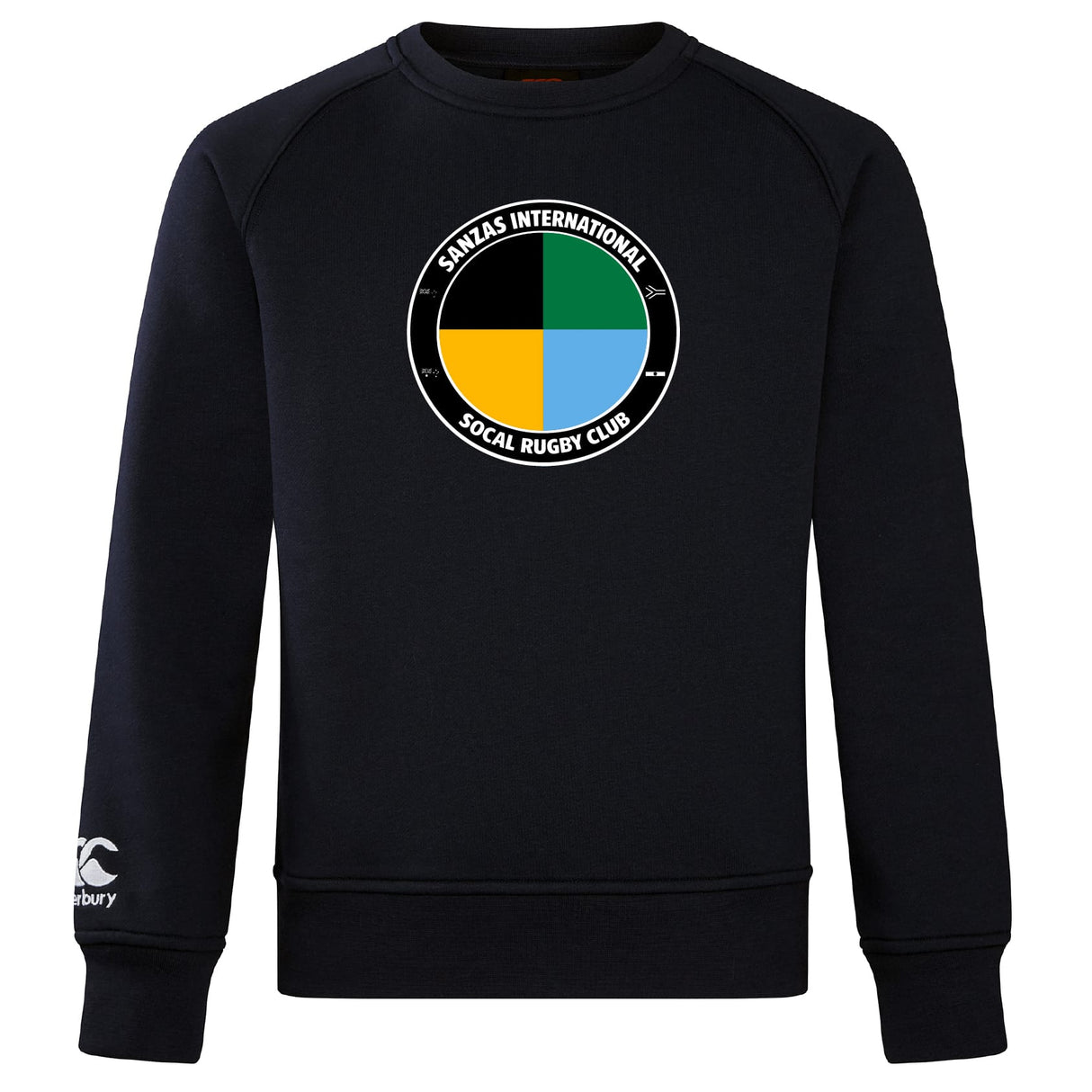 The WRS Canterbury SOCAL SANZAS RFC Club Crew Sweatshirt is black with a circular "Sanitas International Socal Rugby Club" logo in black, green, yellow, and blue, plus an embroidered CCC sleeve logo. Ultra-soft for extra comfort.