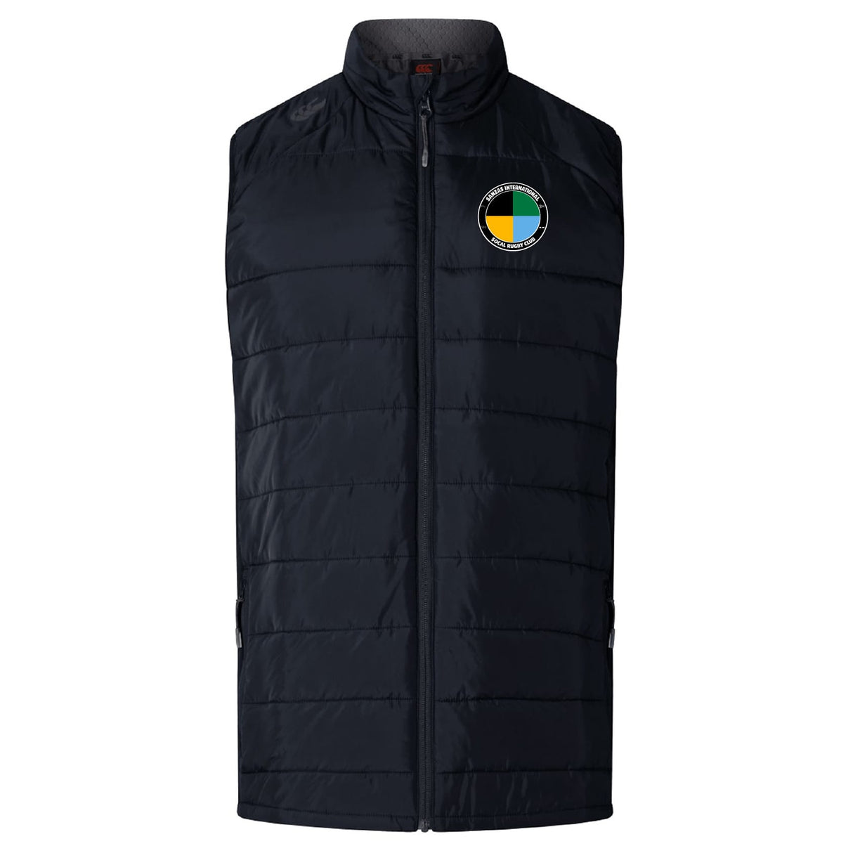The SOCAL SANZAS RFC Elite Microlite Gilet by EMB Canterbury is a black quilted insulated hybrid gilet with a front zipper and a circular patch in green, yellow, and white on the upper left chest.