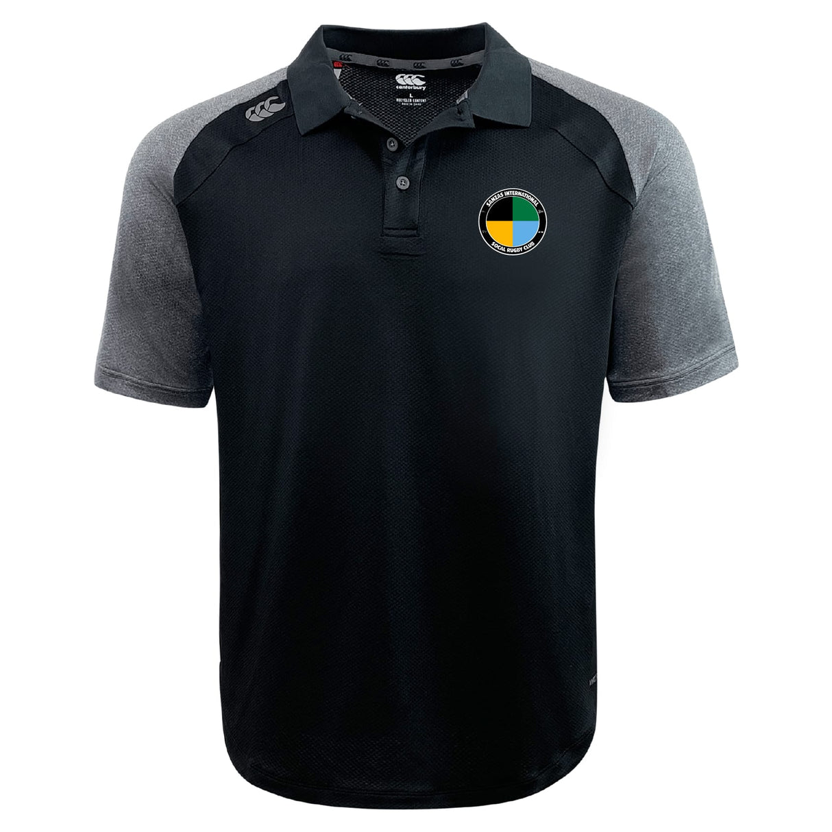 The SOCAL SANZAS RFC Elite Polo by EMB Canterbury features black and grey short sleeves, lightweight Vapodri fabric, a small multicolor circular logo on the left chest, and a subtle brand logo on the right shoulder.