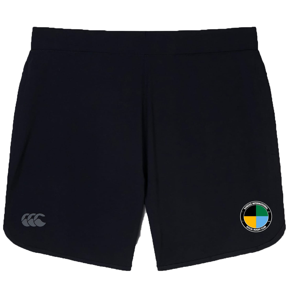 The SOCAL SANZAS RFC Elite Woven Short by EMB Canterbury features zippered pockets, a small circular green, yellow, and black logo on the right leg, and the CCC brand logo on the left—ideal for training.