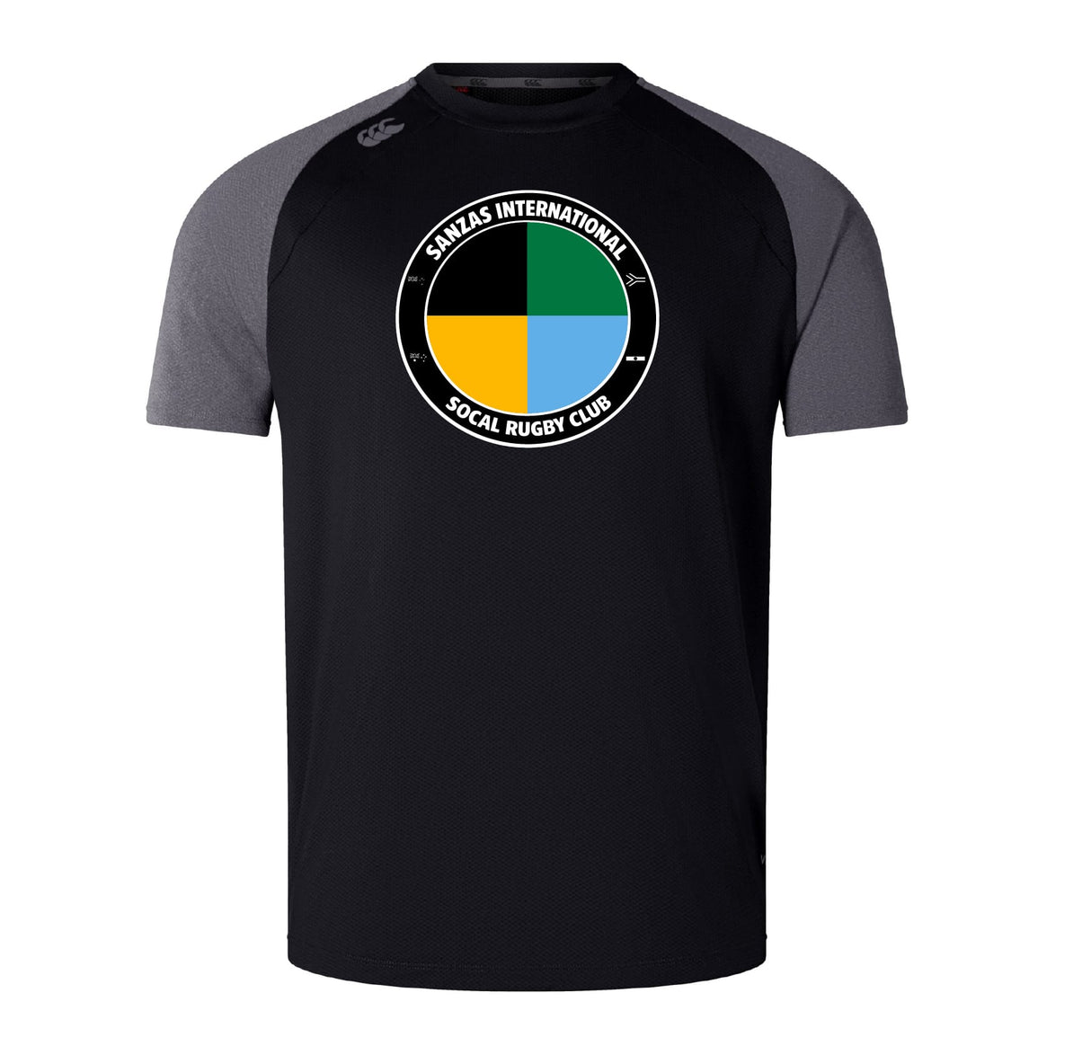 The SOCAL SANZAS RFC Elite Training Tee by WRS Canterbury is a black and gray short-sleeve top with a circular "SAMILAS INTERNATIONAL SOCAL RUGBY CLUB" logo, made from lightweight, durable Vapodri fabric for comfort and performance.