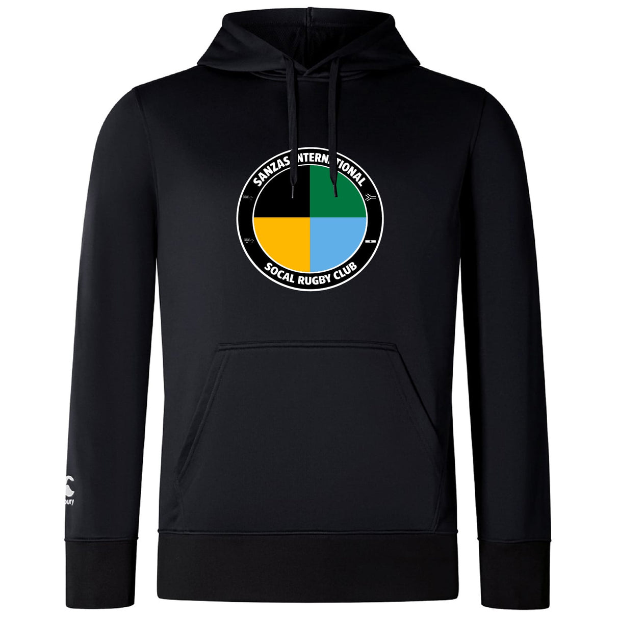 The SOCAL SANZAS RFC Club Lightweight Hoodie by WRS Canterbury is a black hoodie with a kangaroo pocket, showcasing a four-color circular logo and "Sanitas International SoCal Rugby Club" on the front.