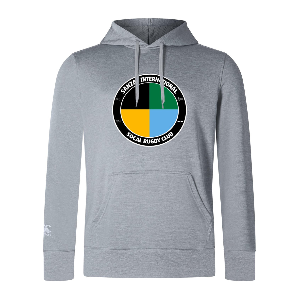 The SOCAL SANZAS RFC Club Lightweight Hoodie by WRS Canterbury is a light gray hoodie with a round, multicolor "Santa International SoCal Rugby Club" logo on the chest and a kangaroo pocket.