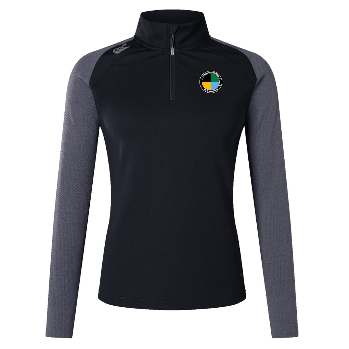 The EMB Canterbury SOCAL SANZAS RFC Women's Elite First Layer by Canterbury is a black quarter-zip athletic top with grey sleeves, VapoDri moisture-wicking technology, and a circular yellow, green, and black logo on the left chest.