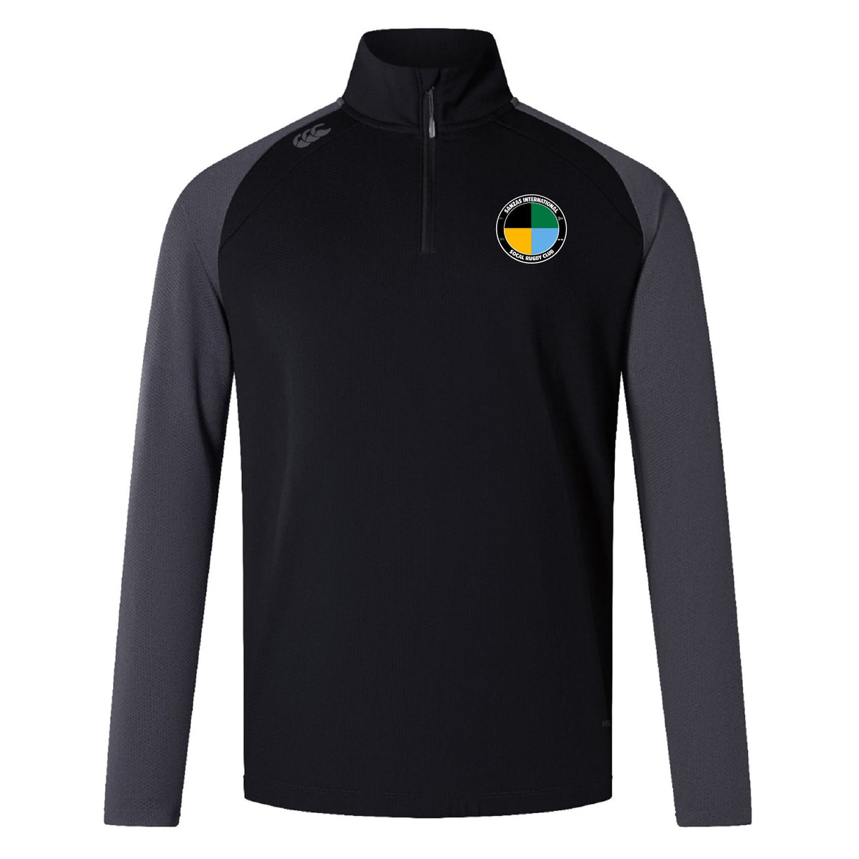 The SOCAL SANZAS RFC Elite First Layer by EMB Canterbury is a black and dark gray quarter-zip top featuring a round embroidered patch with yellow, white, green, and blue segments on the left chest.