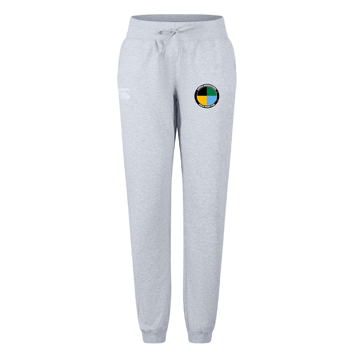 The SOCAL SANZAS RFC Women's Leisure Sweatpant by EMB Canterbury features a light gray color, drawstring waist, and a circular multicolored patch on the upper left thigh.