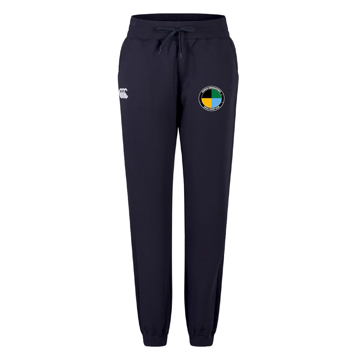 The SOCAL SANZAS RFC Women's Leisure Sweatpant by EMB Canterbury features organic cotton, elastic waistband, drawstring, side pockets, a white logo on one hip, and a circular multicolor patch—perfect for leisure.