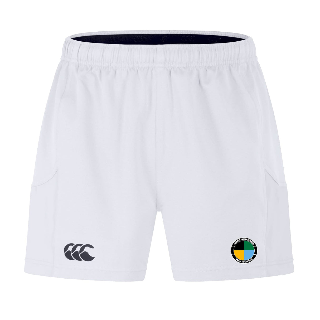 The SOCAL SANZAS RFC Advantage Short 2.0 by EMB Canterbury are white performance shorts made with recycled content, featuring an elastic waistband, Canterbury logo on the left leg, and a circular multicolored patch on the right.