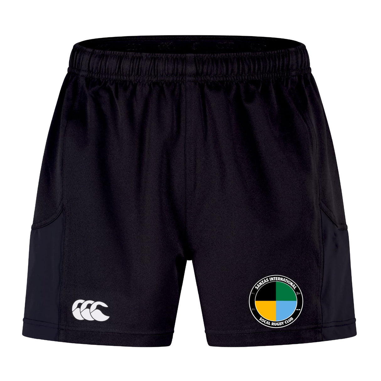 The EMB Canterbury SOCAL SANZAS RFC Advantage Short 2.0 features an elastic waistband, a white Canterbury logo on the left leg, a multicolored badge on the right, and is made with recycled content for comfort and sustainability.