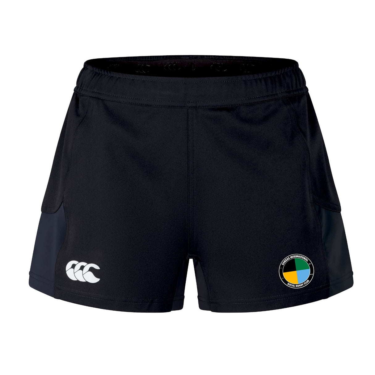 The SOCAL SANZAS RFC Women's Advantage Short 2.0 by EMB Canterbury features a white Canterbury logo on the left, a multicolored patch on the right leg, and is made from recycled sportswear material, shown against a white background.