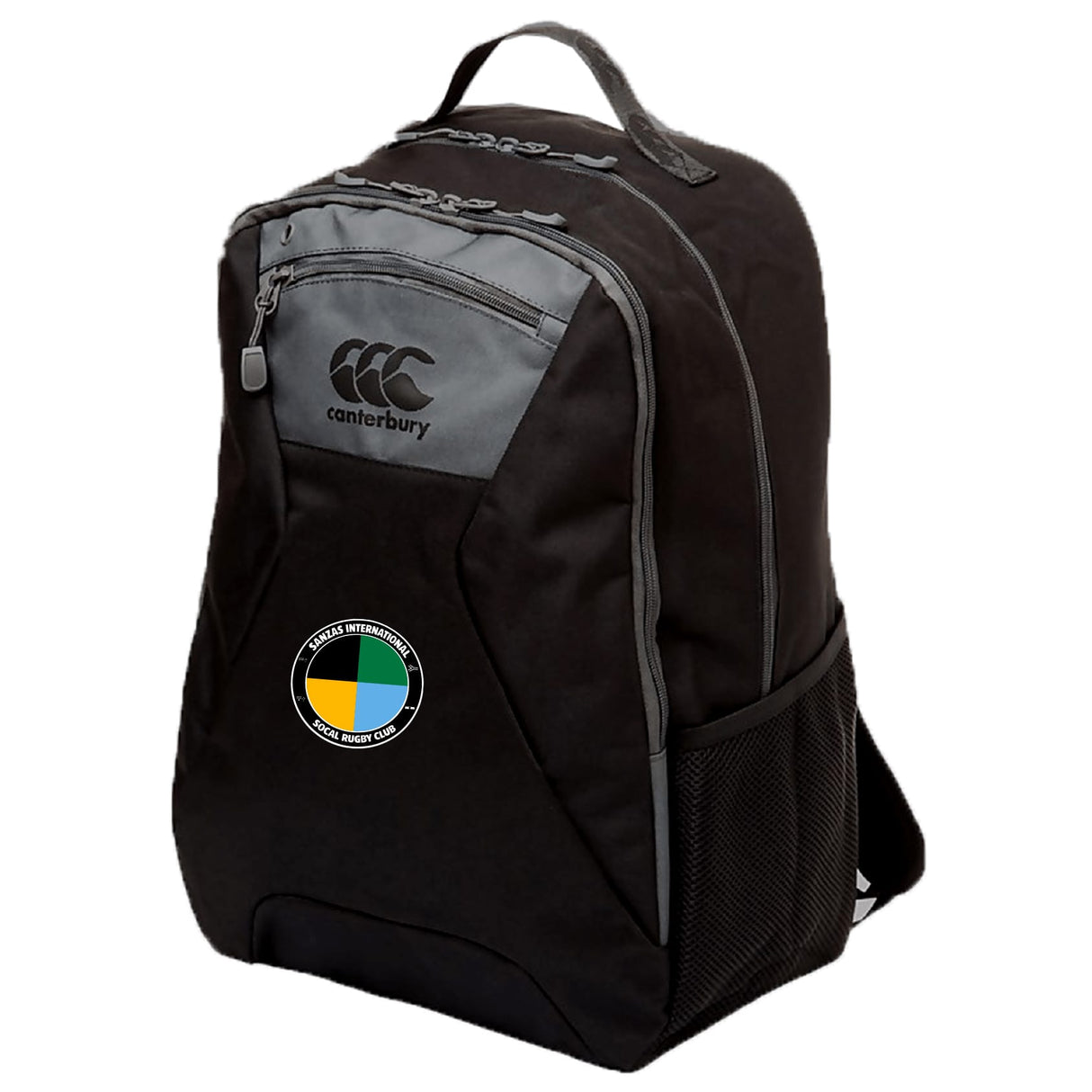 The EMB Canterbury SOCAL SANZAS RFC Medium Backpack features black fabric with gray accents, a circular multicolored logo, mesh side pocket, padded laptop compartment, and is water repellent. Shown standing upright on a white background.