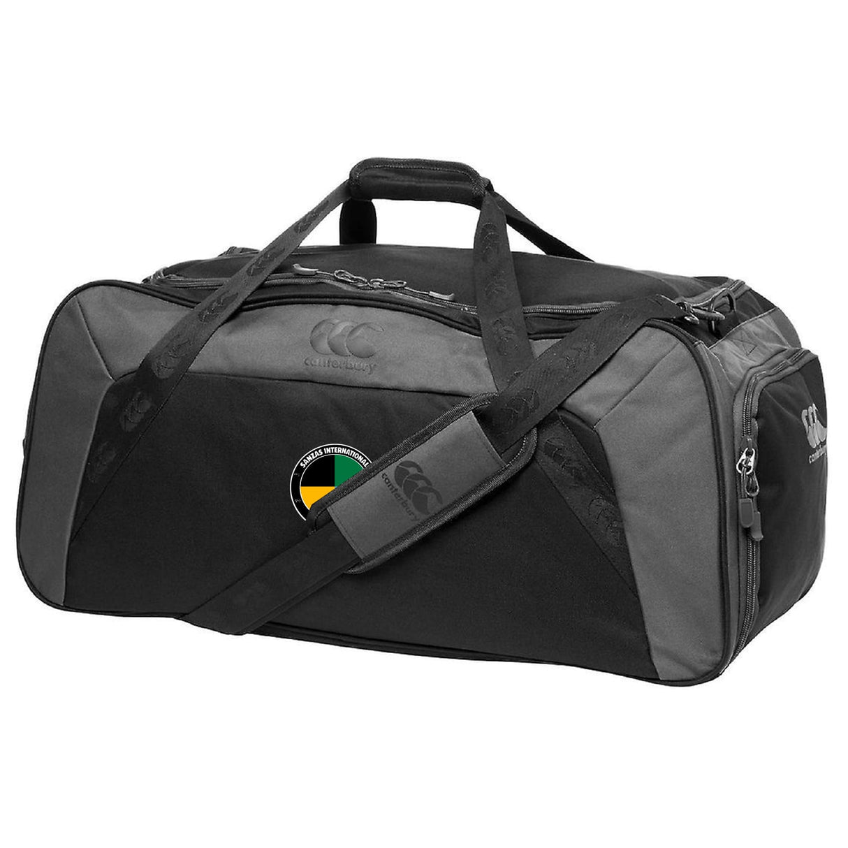 The SOCAL SANZAS RFC Holdall Duffle Bag by Canterbury, in black and gray with a circular green, yellow, and black logo, features a shoulder strap and two handles—ideal as a water-repellent rugby or travel bag.