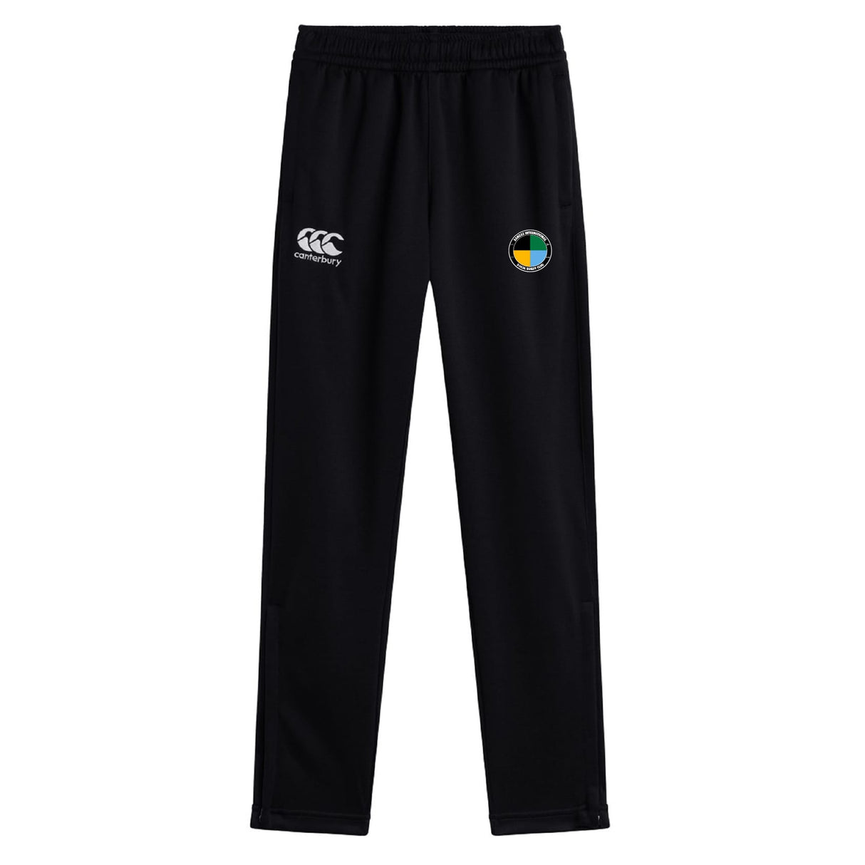 The SOCAL SANZAS RFC Stretch Tapered Pant by EMB Canterbury features an elastic waistband, white Canterbury logo on the left, multicolored patch on the right, and quick-dry fabric—ideal men's workout pants for active sessions.