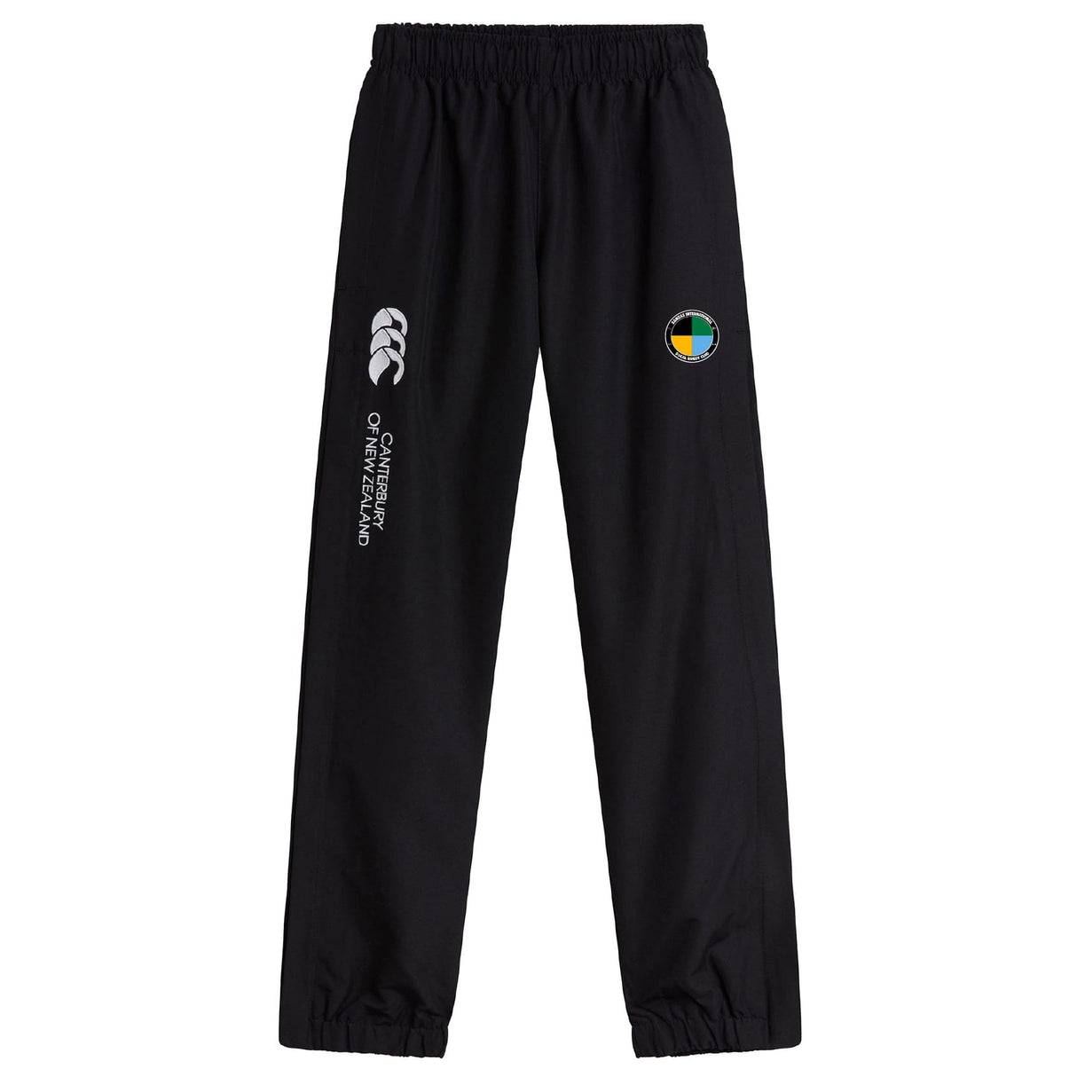 The SOCAL SANZAS RFC Cuffed Hem Stadium Pant by EMB Canterbury features an elastic waistband, cuffed hem, Canterbury branding on the left leg, and a circular logo on the right thigh—ideal men's rugby pants for training or game day.