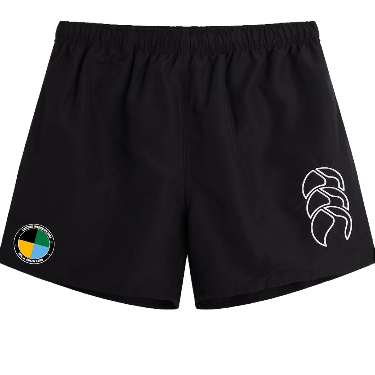 The SOCAL SANZAS RFC Tactic Short by EMB Canterbury features an elastic waistband, a white abstract logo on the right leg, and a colorful patch on the left—ideal men's rugby shorts for gym workouts or daily wear.